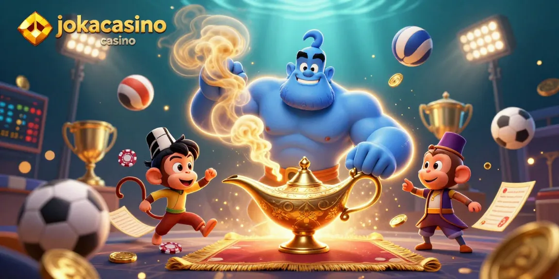 Experience the excitement of jokacasino casino with vibrant visuals, featuring a genie, monkey, and dynamic sports elements.