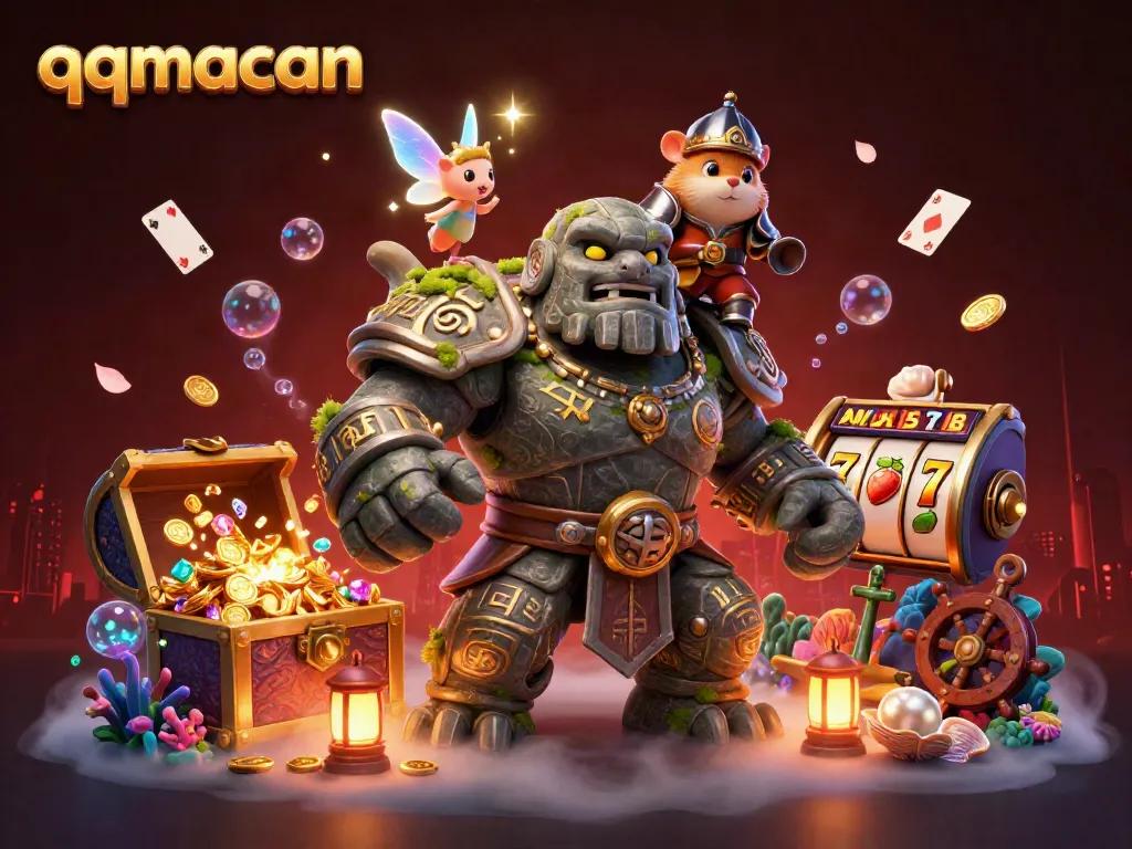 Experience thrilling gameplay with qqmacan, featuring a magical golem guardian and high-stakes slot reels.