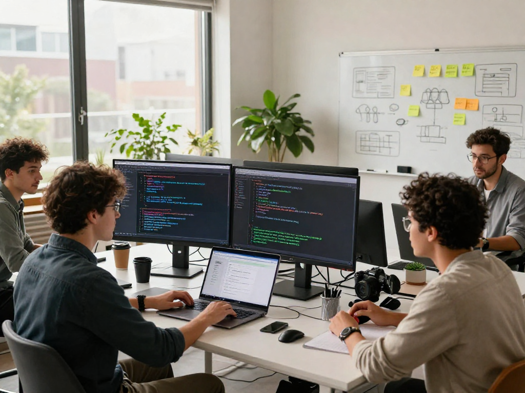 Developers collaborating on Across Protocol solutions in a modern tech office.
