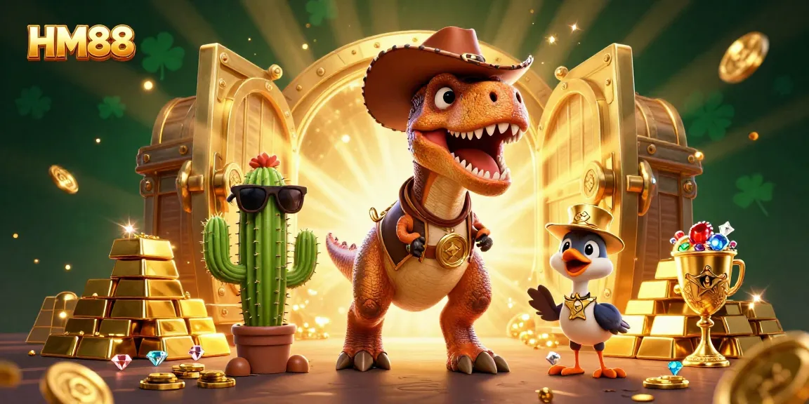 HM88 features a cowboy dinosaur and friends surrounded by treasures, enhancing your gaming experience.