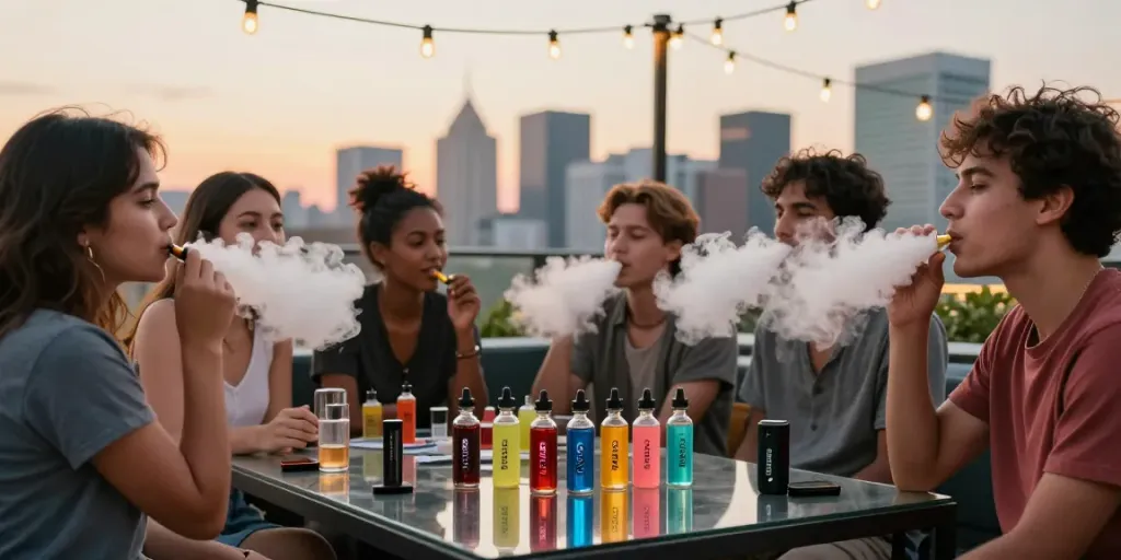 Friends enjoying e-liquid vape juice on a rooftop lounge with vibrant colors.