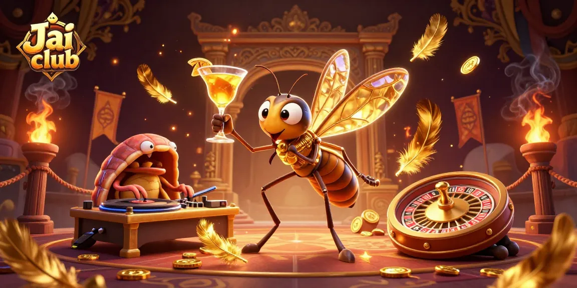 Discover thrilling gaming at Jai club with a dynamic casino mascot and vibrant roulette wheel scene.