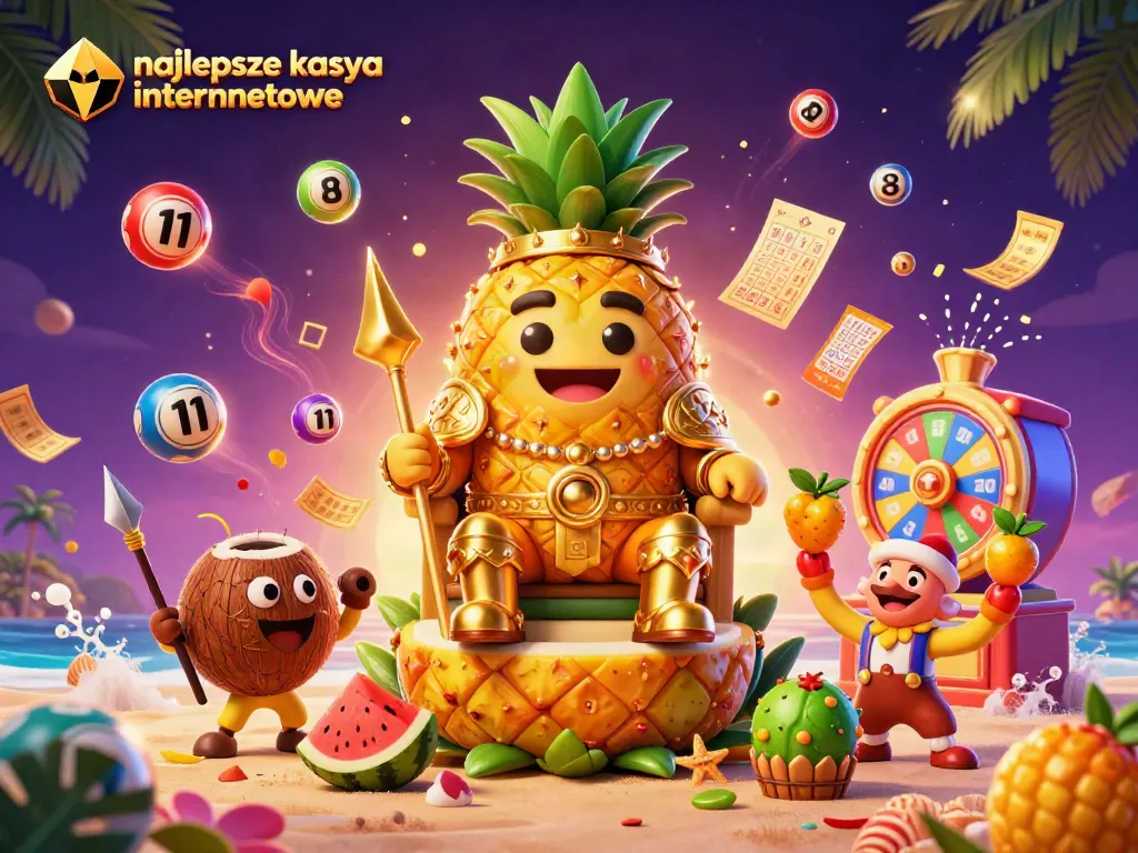 Engage in fun at najlepsze kasyna internetowe with a vibrant 3D scene featuring a golden pineapple king and exciting gambling elements.