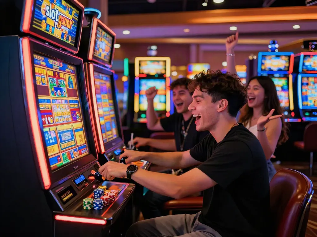Excited player engaging with a slot gacor machine in a vibrant casino.