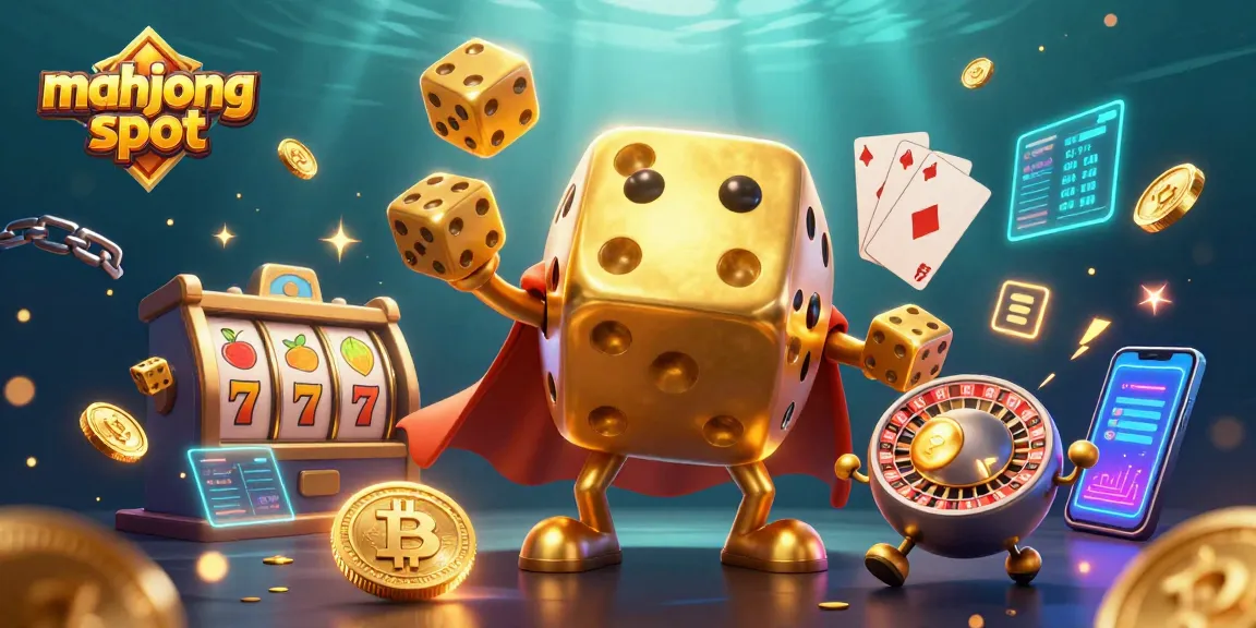 Spin and win on mahjong slot as golden dice juggle fortune in a vibrant casino scene.