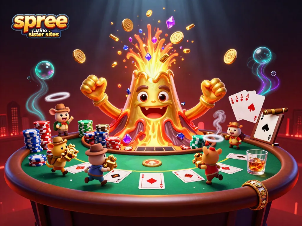 Exciting gameplay at spree casino sister sites with a golden volcano erupting coins and treasure.