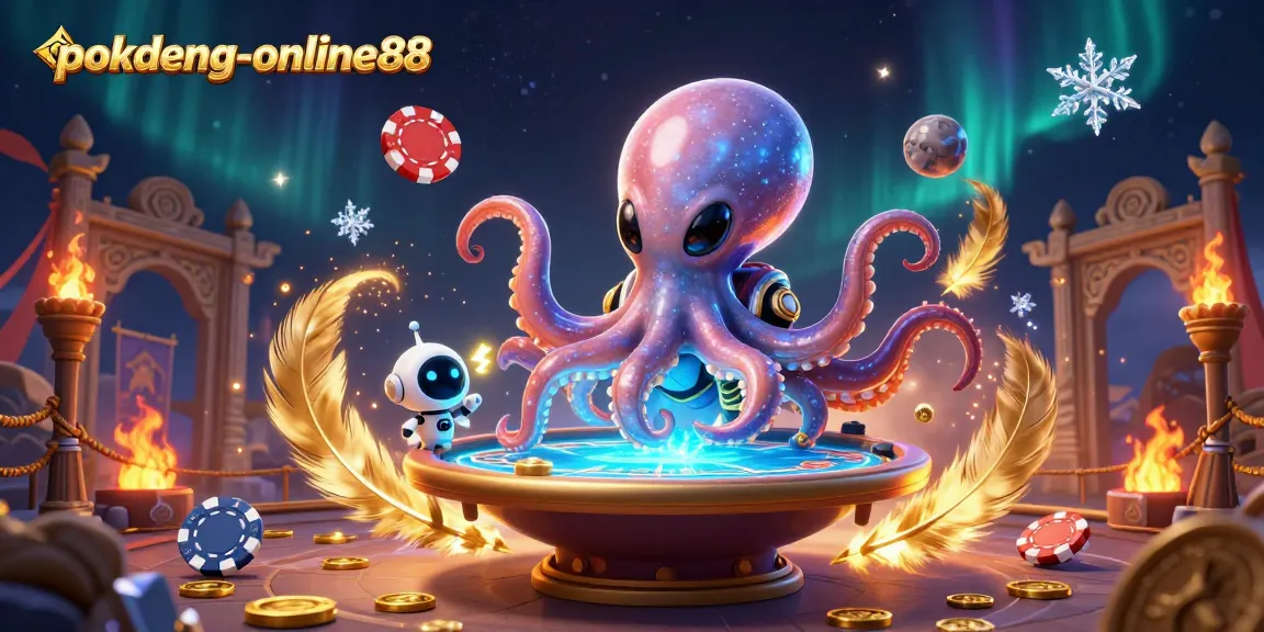 Experience exciting poker with pokdeng-online88 as an alien octopus runs a holographic table.