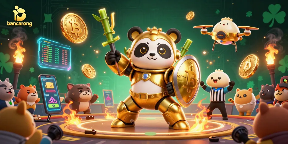 Engage with bancarong, where 3D mech-suit panda battles in a crypto-themed arena, capturing the action and excitement.
