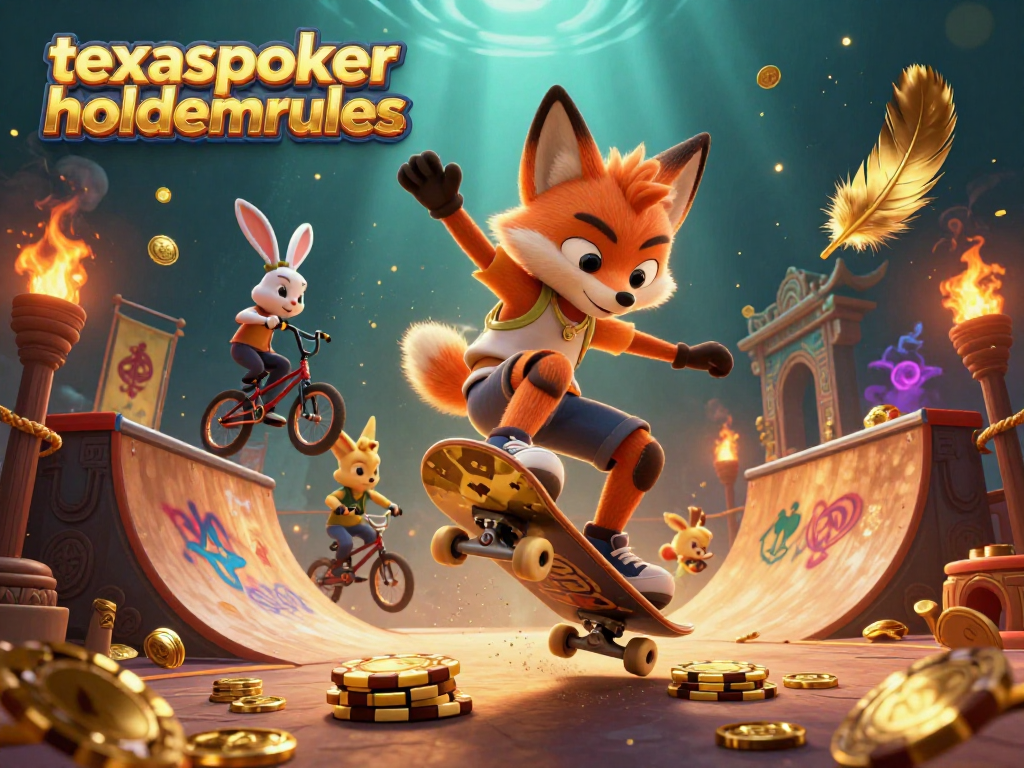 Experience top-notch gaming with texaspokerholdemrules, showcasing playful fox and rabbit in a vibrant poker scene.