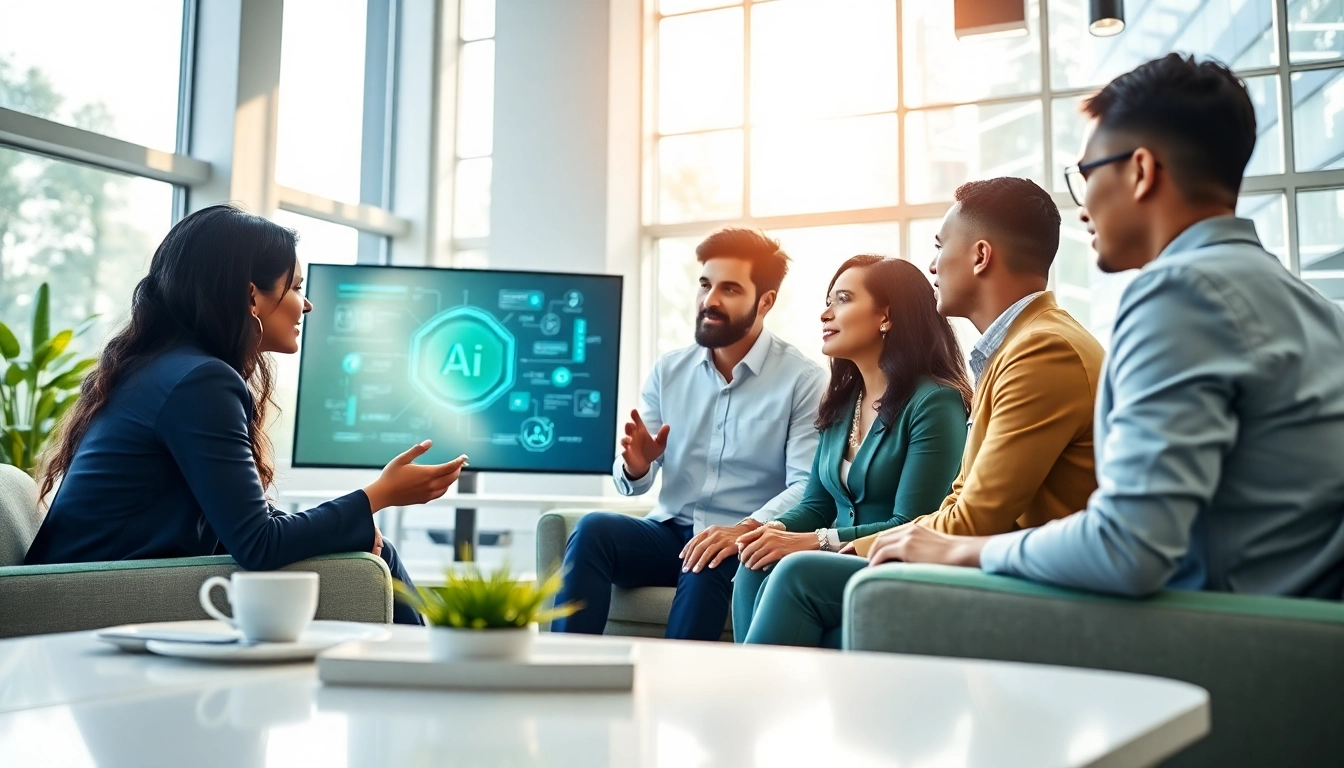 Achieve Your Goals With AI in a collaborative workspace showcasing an AI assistant on screen.