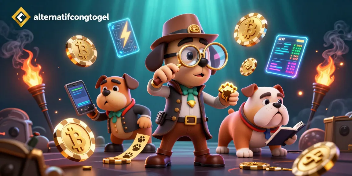 Examine the golden poker chip clue at alternatifcongtogel with a detective dog duo uncovering treasure.