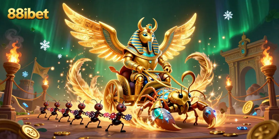 Engage with 88ibet's vibrant casino scene featuring a golden scarab and scorpion chariot.