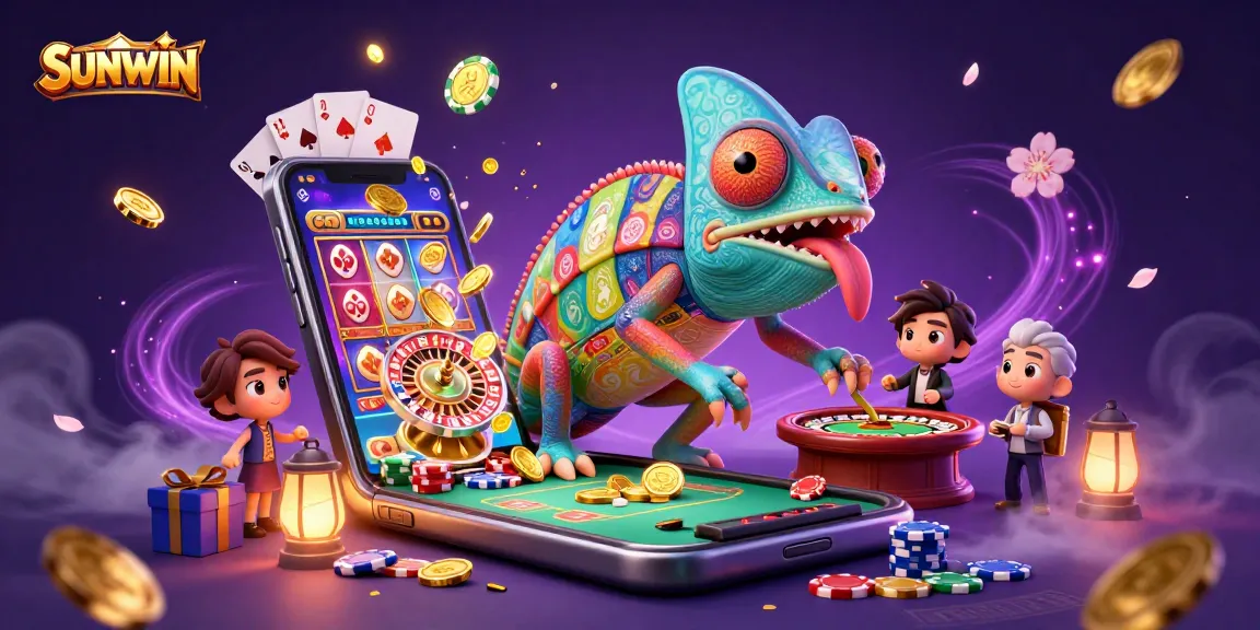 SUNWIN's dynamic gaming scene displaying a vibrant chameleon casino owner, slot games, and golden coins bursting forth.