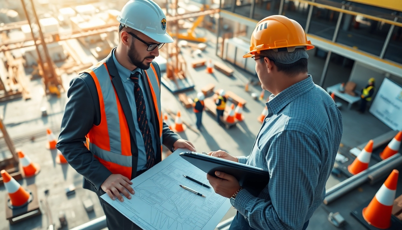 New York Construction Manager actively supervising a construction site with blueprints.