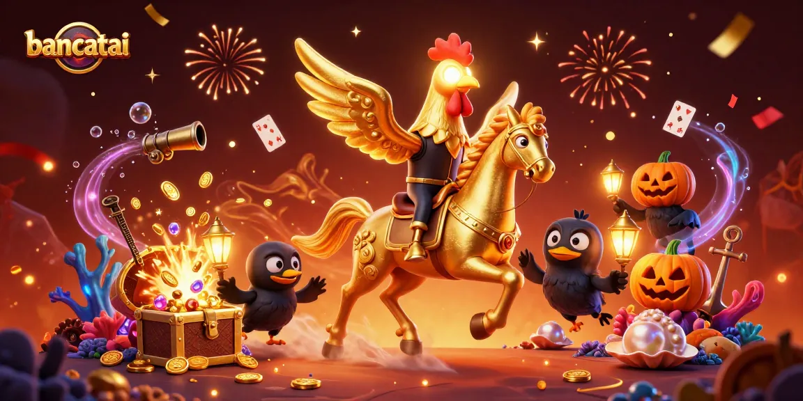 Experience the excitement of bancatai in a vibrant casino with the golden rooster and spectral horse.