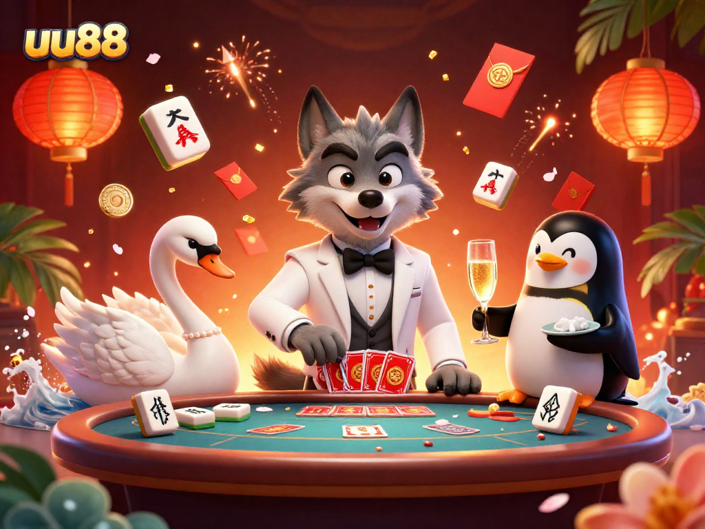 uu88 players enjoy a vibrant baccarat scene with a debonair wolf and elegant swan