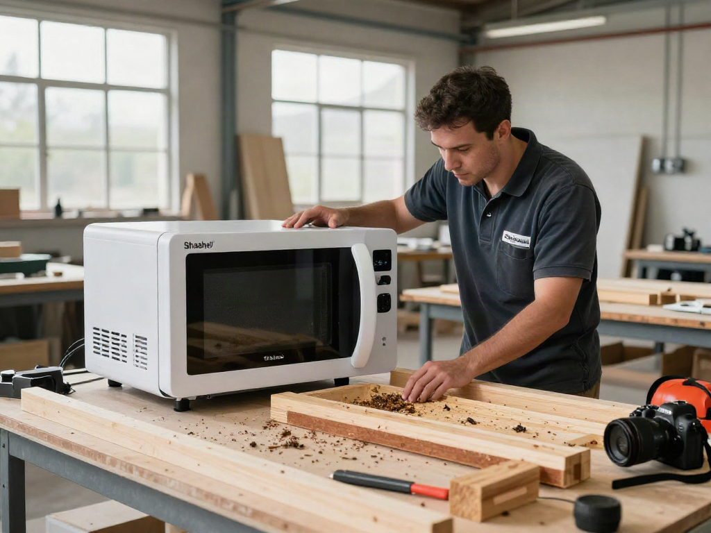 Shashel® microwave device in a workshop efficiently eliminating wood-boring insects.