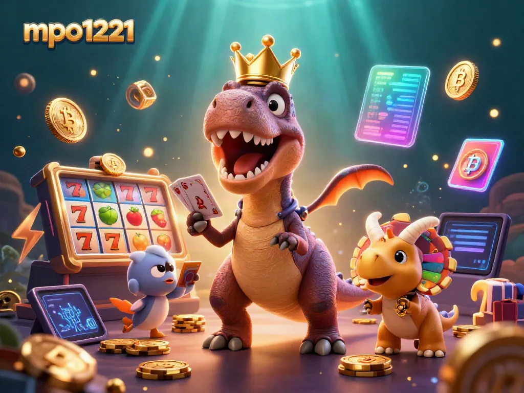 Experience mpo1221 at a vibrant online casino featuring playful dinosaurs and glowing crypto coins.