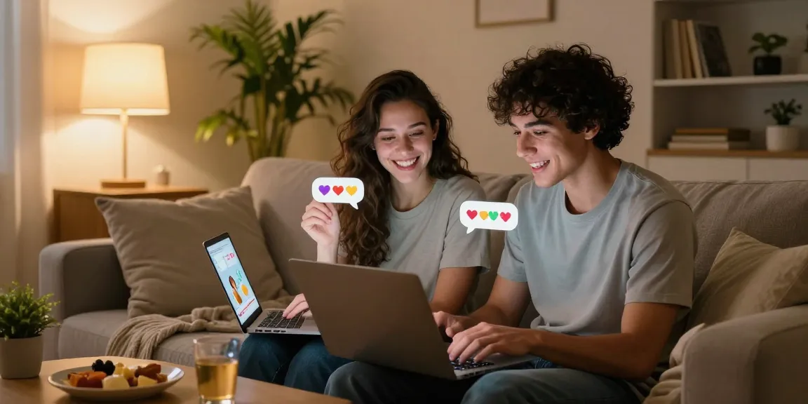 Couple enjoying a fun sex chat in a cozy home atmosphere with laptops.