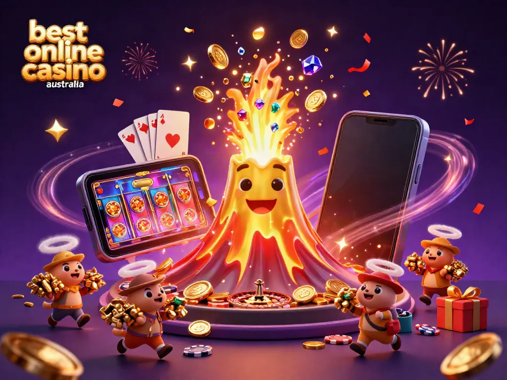 Experience the thrill of the best online casino Australia with vibrant 3D graphics featuring a golden volcano and treasure-chasing animals.