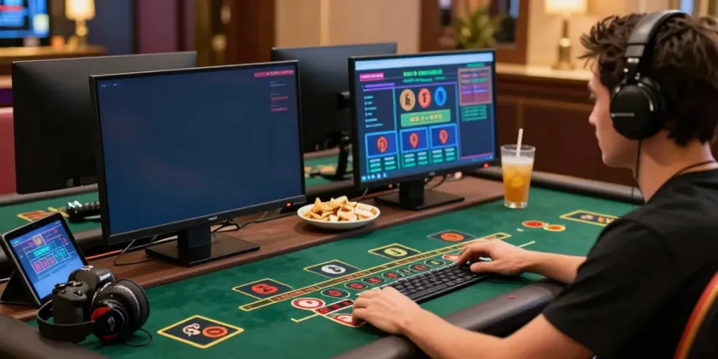 Player experiencing the thrill of live Baccarat at https://five888vin.com/ in a modern gaming setup.