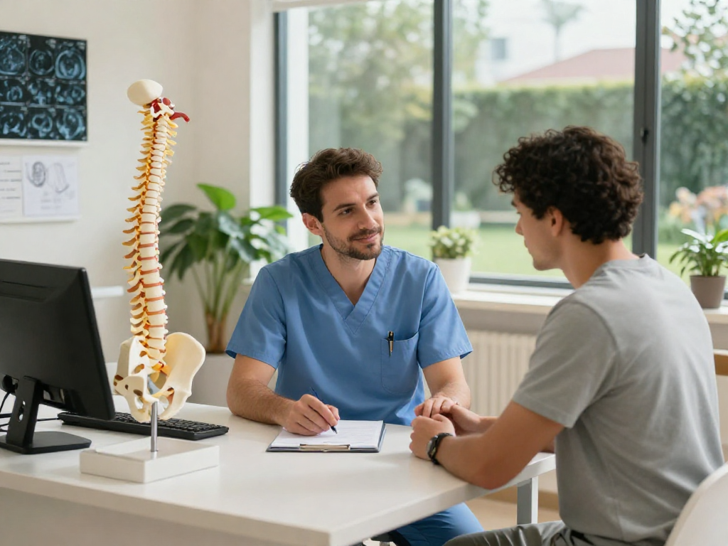 Consultation discussing Bel fıtığı ameliyatı, with surgeon and patient in modern clinic.