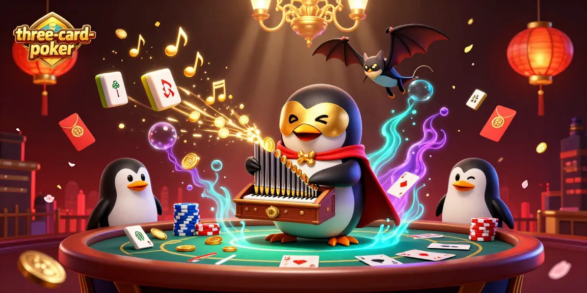 Engage in three-card-poker with 3D penguin players, vibrant casino elements celebrating high-stakes fun.