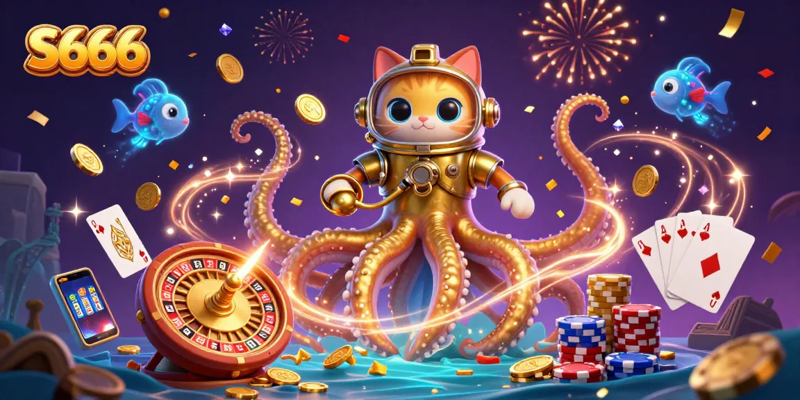 Experience S666's thrilling casino adventure with a colossal kraken and diving cat amidst treasures and adventure.