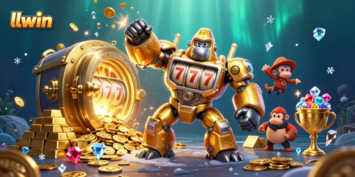 Experience thrilling slots at llwin with a vibrant 3D illustration showcasing jackpots and a golden gorilla mech.
