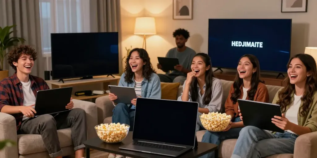 Group enjoying JAV films with Indonesian subtitles in a cozy living room.