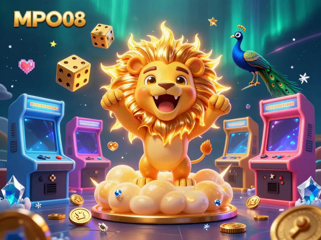 MPO08 gaming scene featuring a roaring sun lion, golden dice, and arcade machines with vibrant graphics.