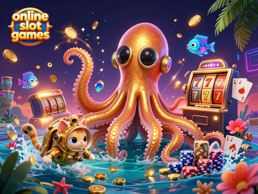 Engage with online slot games in this vibrant scene featuring a kraken, diving cat, and vivid casino elements.