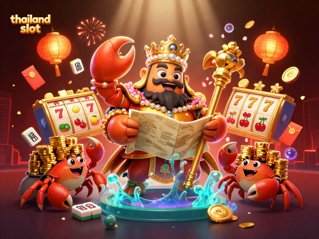 Playing thailand slot games with a golden crab emperor and vibrant casino elements.