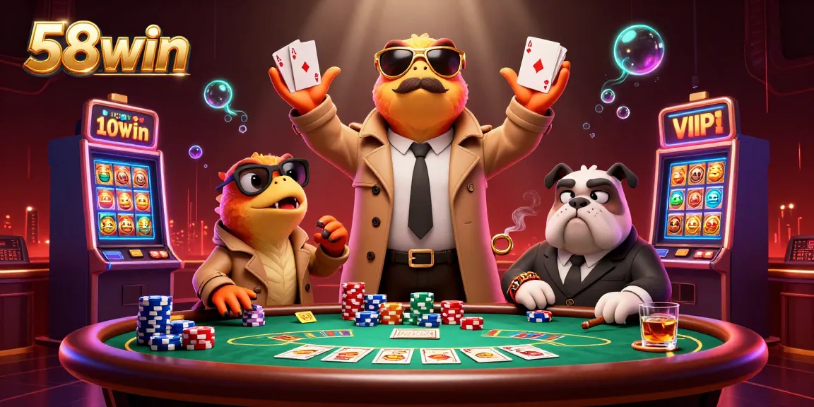 Experience excitement at 58win with raptors sneaking into a VIP casino lounge surrounded by poker elements.