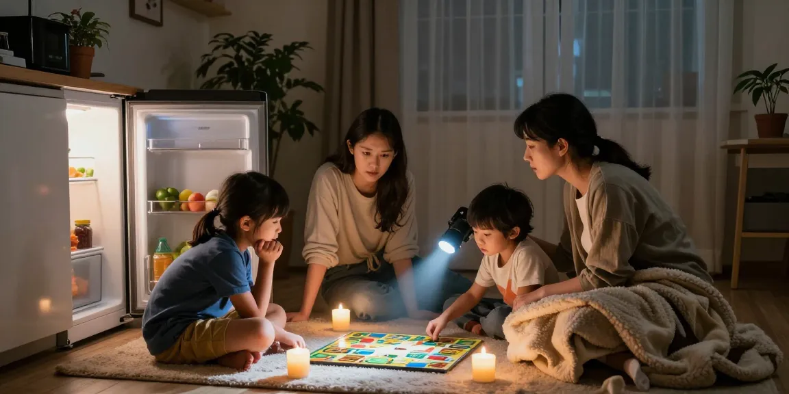 Family preparing what to do during a power problem with candles, board games, and emergency supplies in dimly lit home