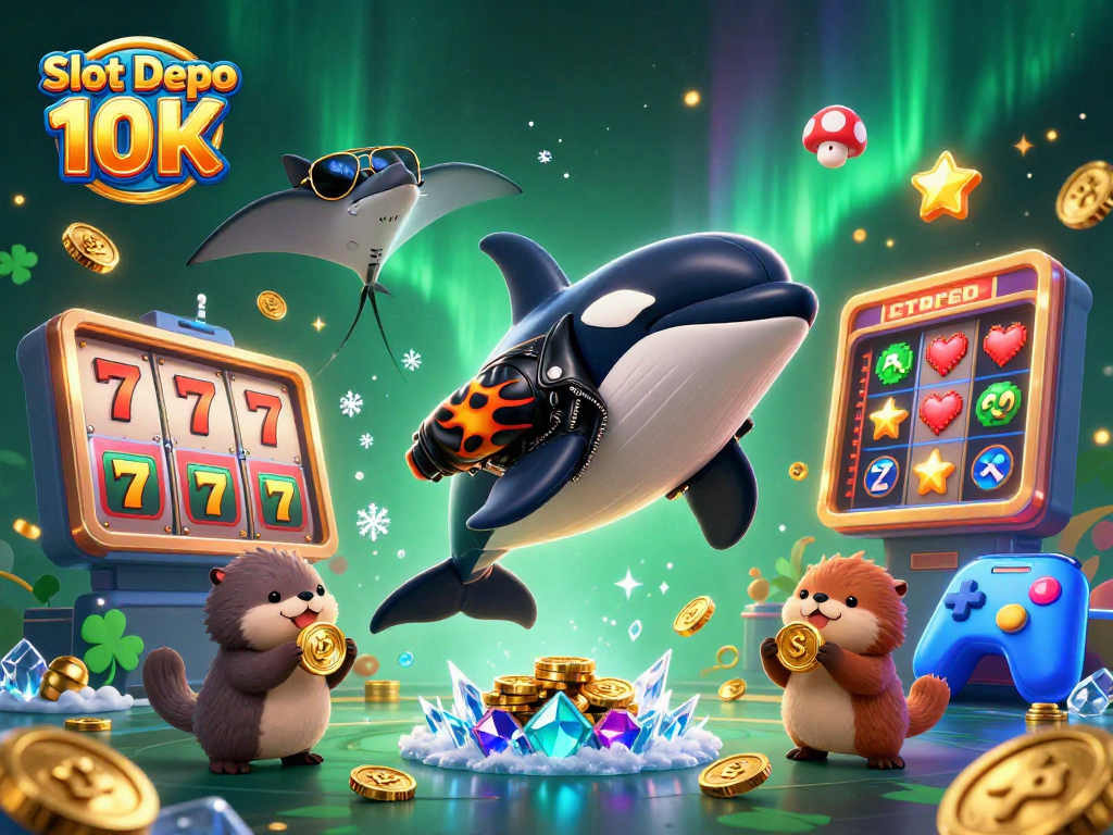 Engage with Slot Depo 10K, featuring colorful characters and dynamic gaming elements in an exciting 3D casino scene.