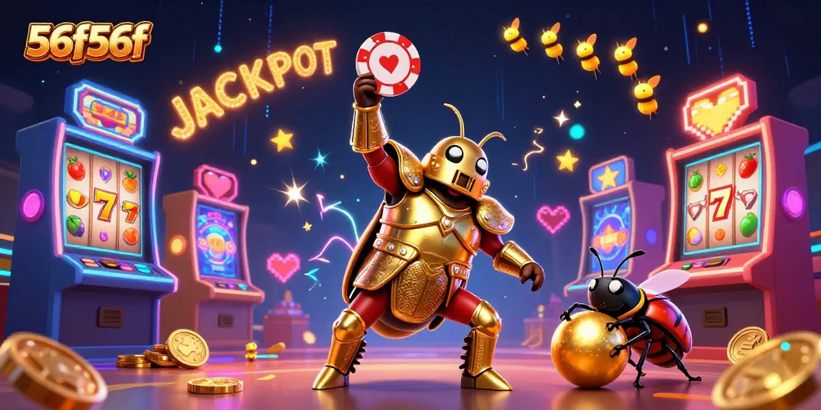 56f56f celebrates a big win with a victorious beetle and lively casino elements.