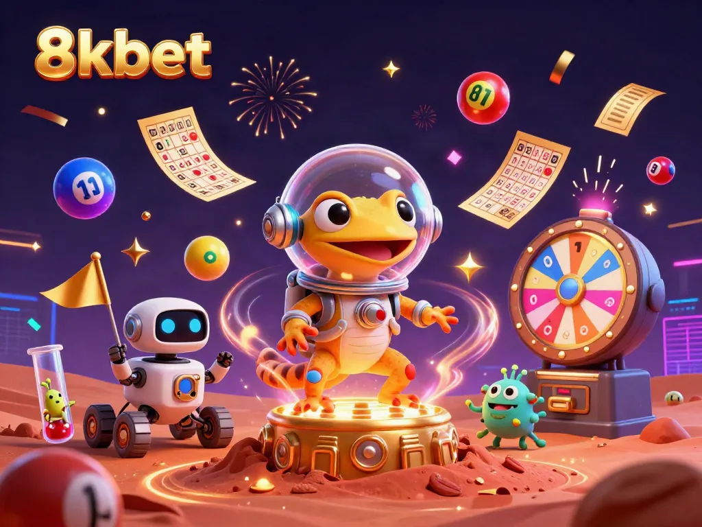 8xbet Martian gecko explores a golden casino with jubilant alien bacteria in a dynamic illustration.