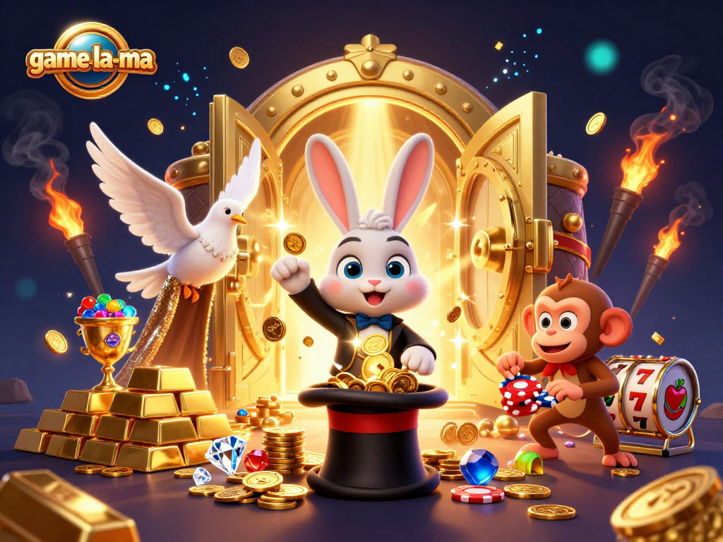 Spin the reels with game-la-ma’s dynamic casino scene featuring magical characters and treasures.