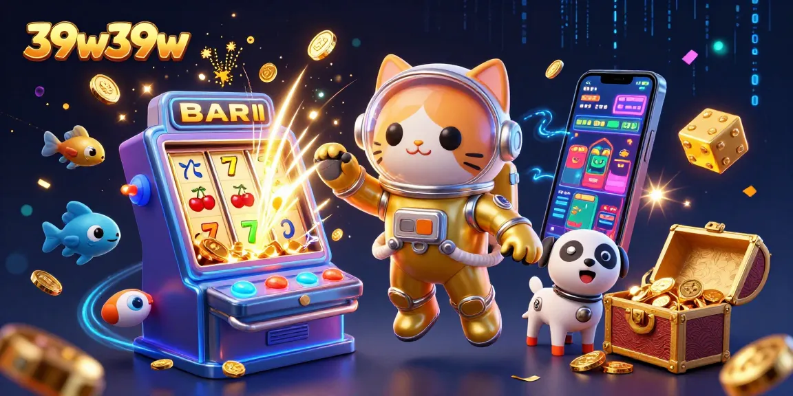 Experience big wins with 39w39w as a space cat and robot dog explore vibrant casino scenes.