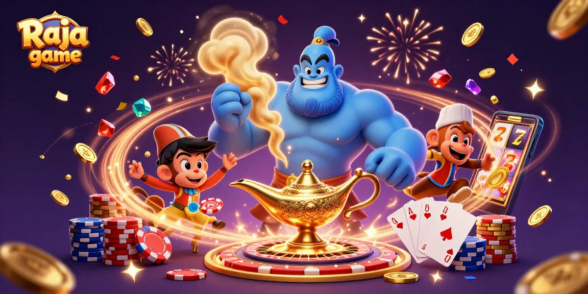 Experience the thrill of Raja game with a genie and magic carpet amidst a vibrant casino setting.