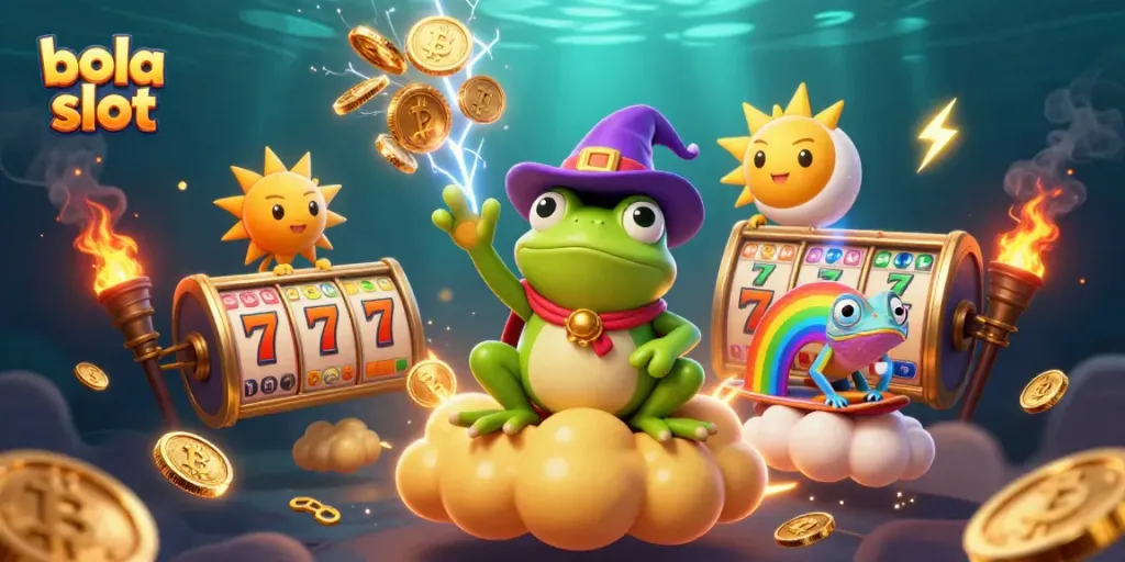 Experience the thrill of bola slot with vibrant characters and dynamic casino elements in this captivating illustration.