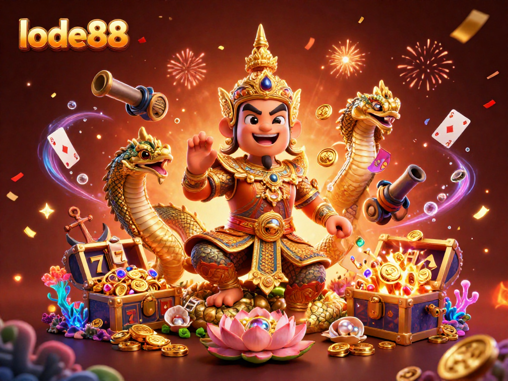 Experience thrilling moments with lode88's 3D cartoon scene featuring slot reels and festive gaming elements.