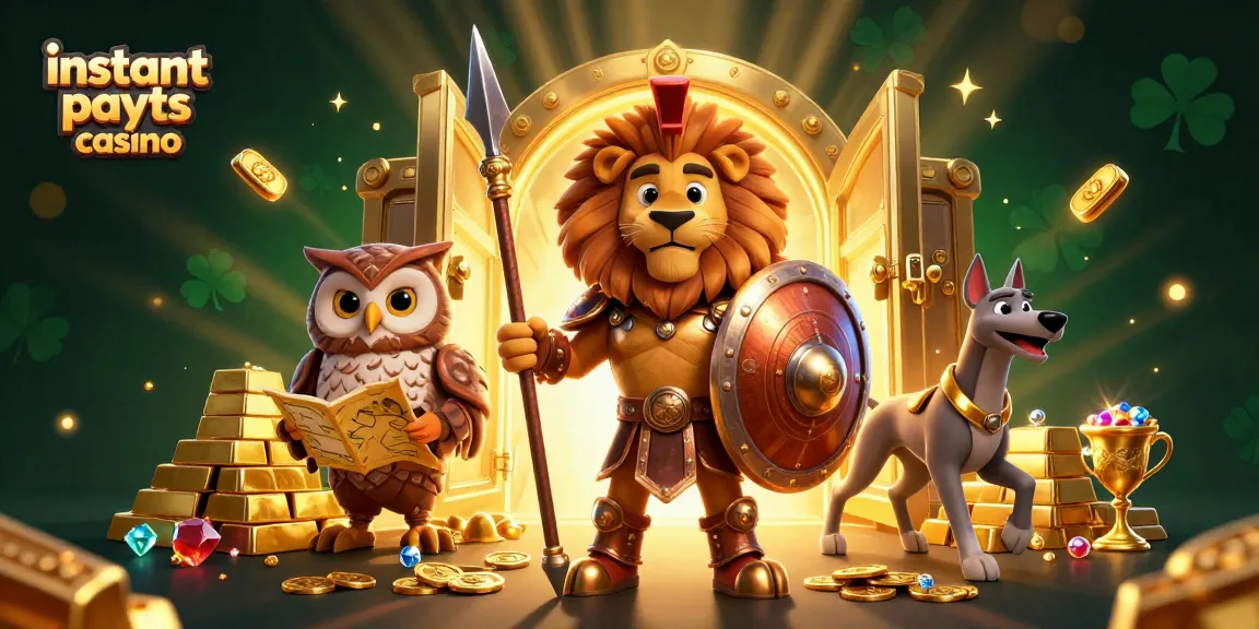 Win big at instant payouts casino, showcasing vibrant characters and treasure elements in a dynamic casino scene.
