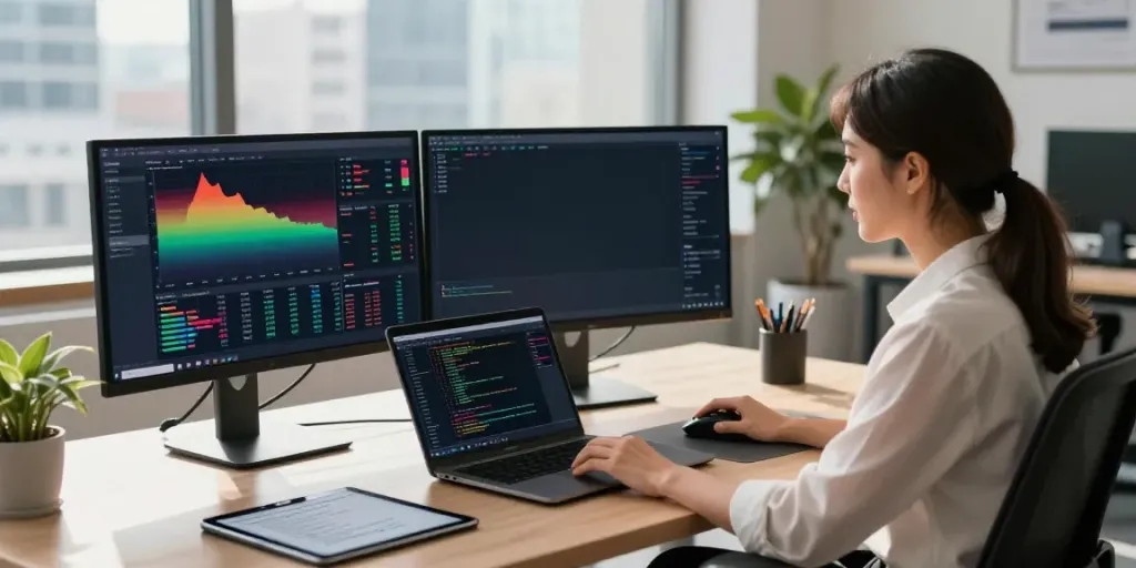 Analyst studying TradingView charts in a modern tech workspace, highlighting real-time data analysis.