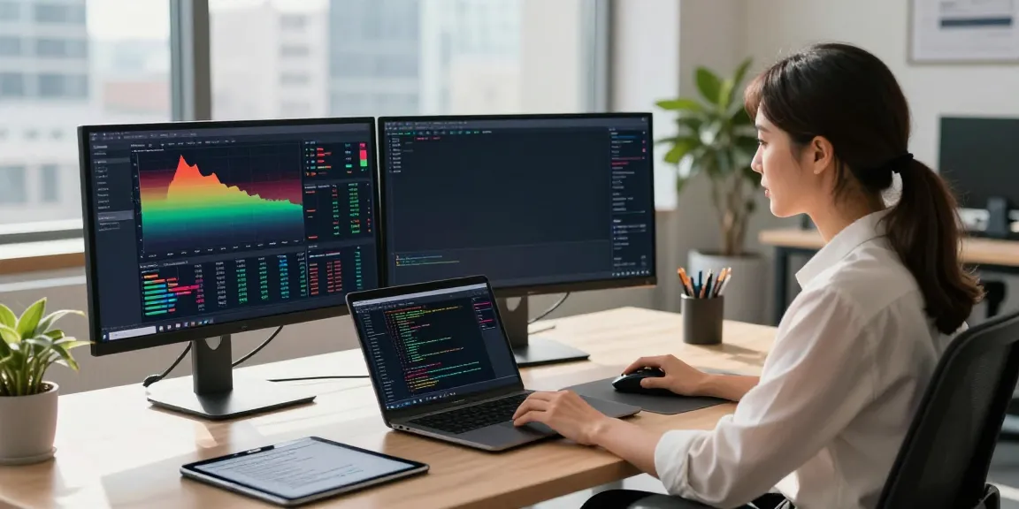 Analyst studying TradingView charts in a modern tech workspace, highlighting real-time data analysis.