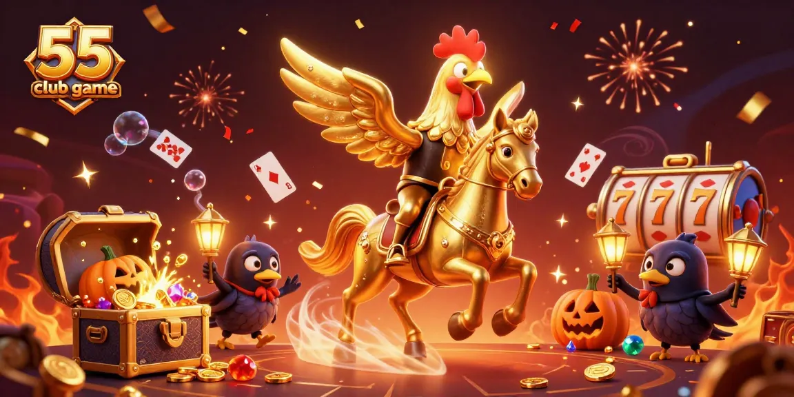 Experience the thrill of the 55 club game with a golden rooster and his spectral friends in a dynamic casino scene.