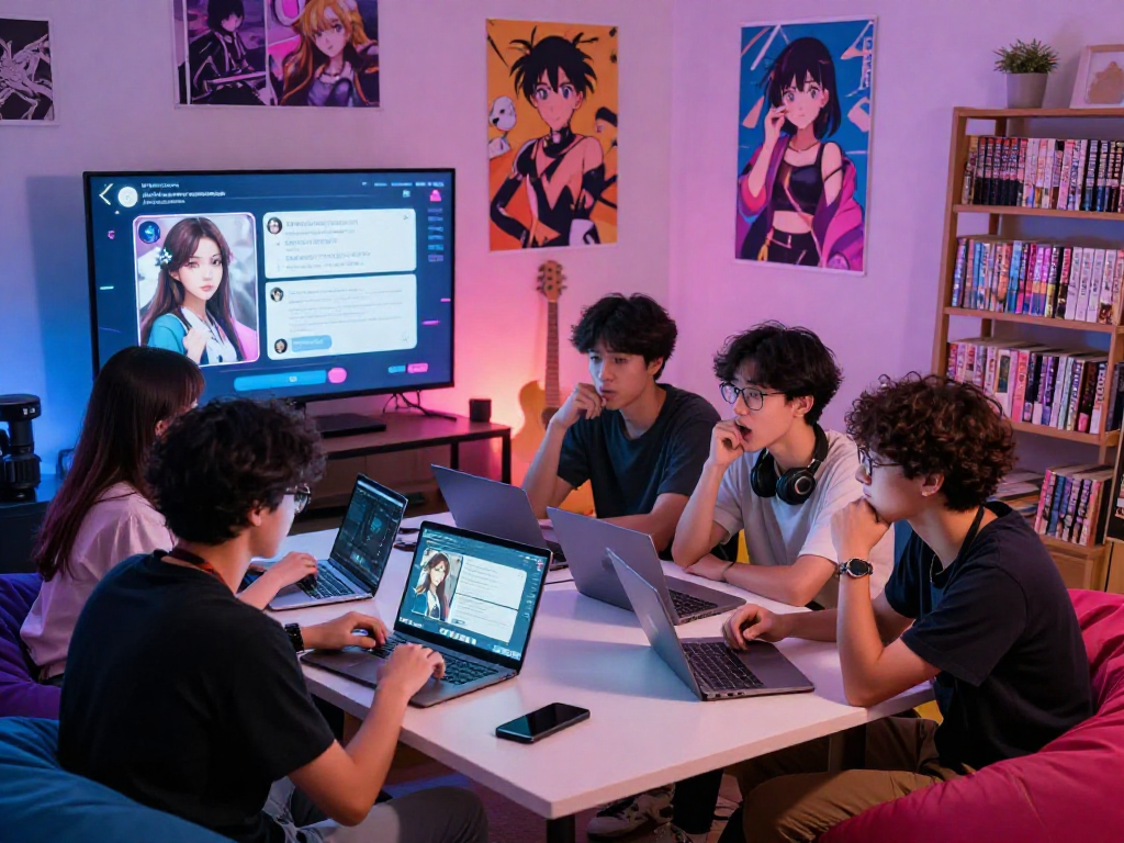 Engaging group discussion about hentai AI chat on digital devices in a vibrant setting.