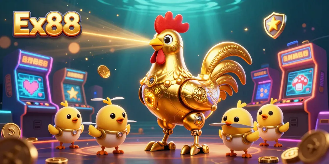 Engage with Ex88's exciting features, featuring a 3D golden rooster robot amid a vibrant casino scene with arcade elements.