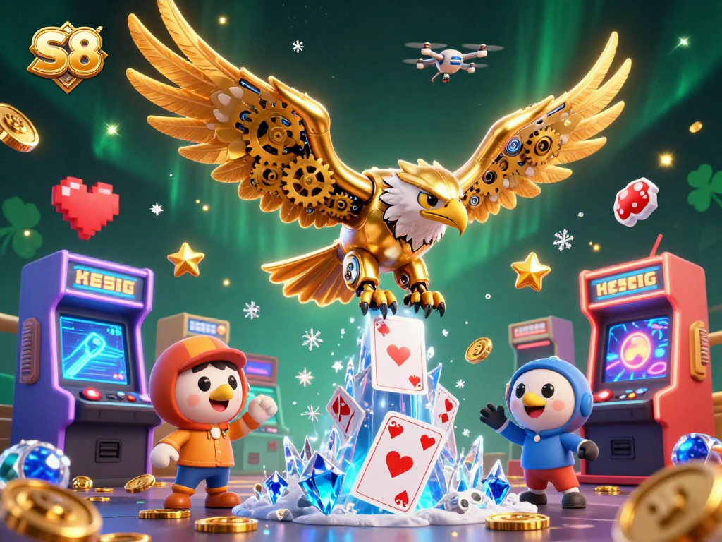 S8 illuminates a vibrant online gaming world with a golden eagle soaring through cascading holographic cards.